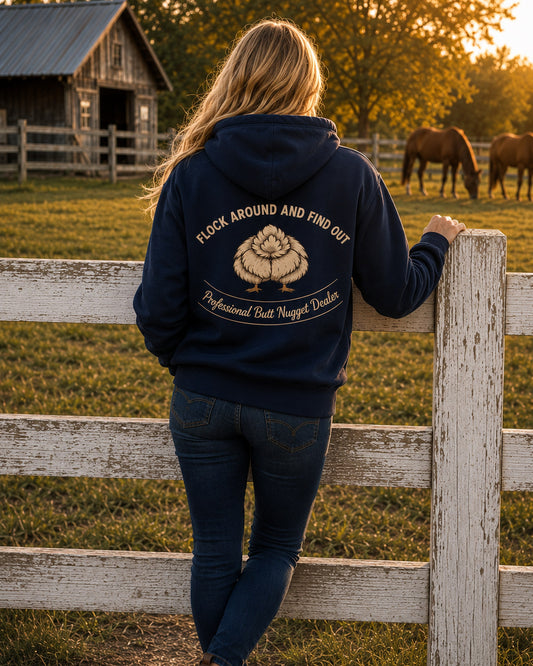 Navy hoodie on model, back graphic