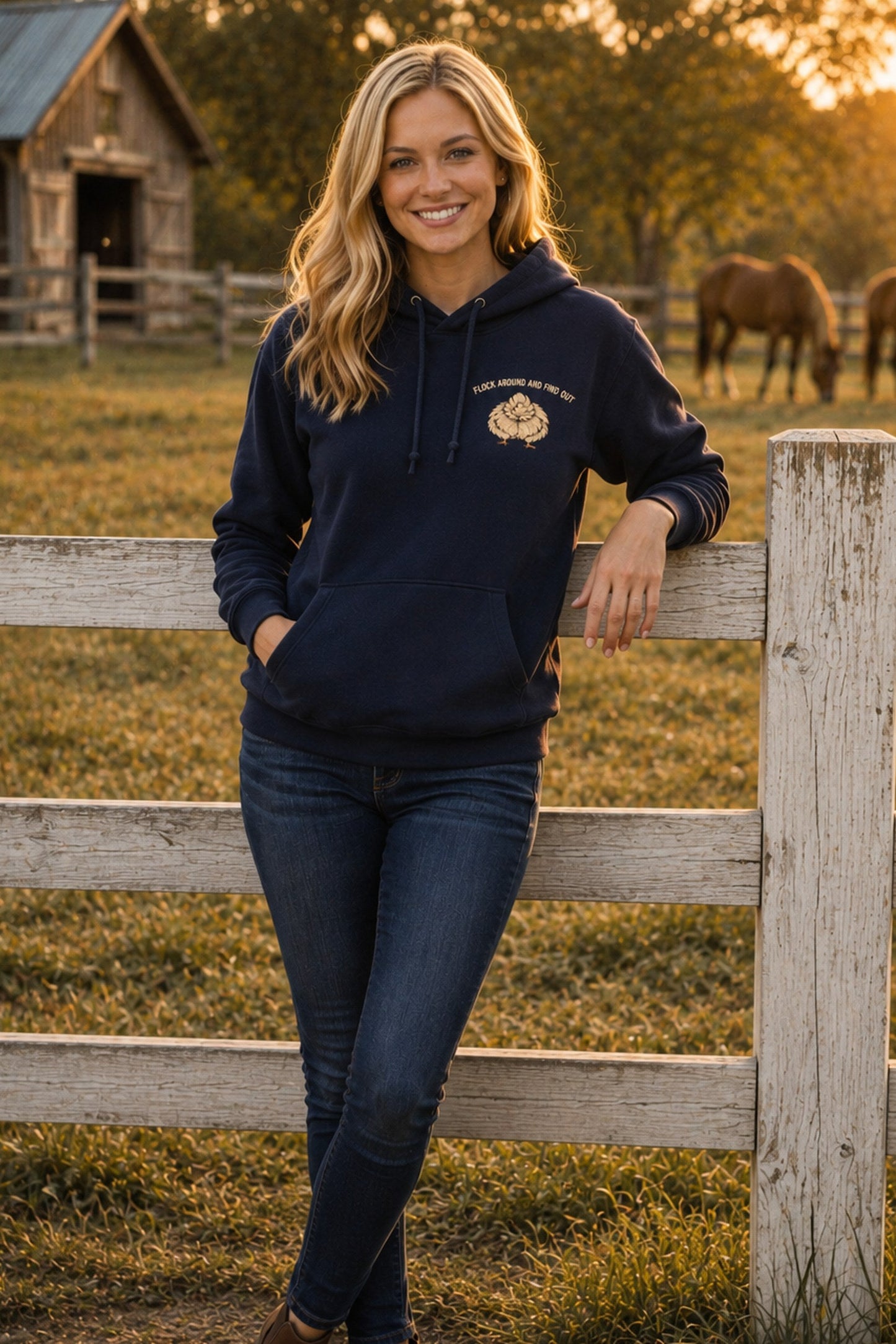Navy hoodie on model, front view