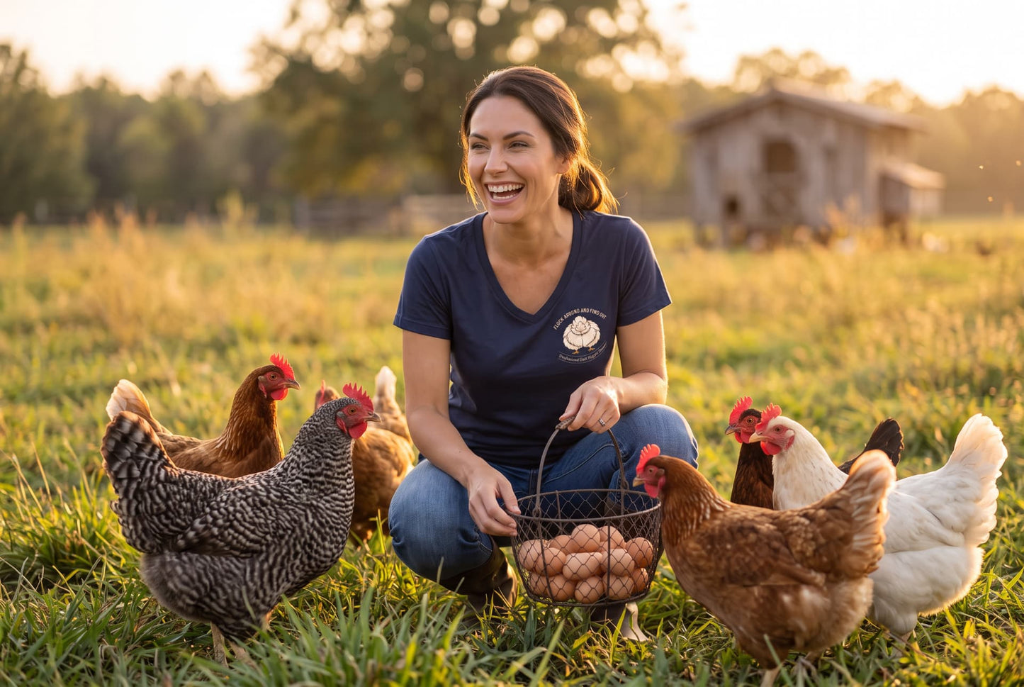 Lifestyle shot of navy v-neck tee with basket of fresh eggs