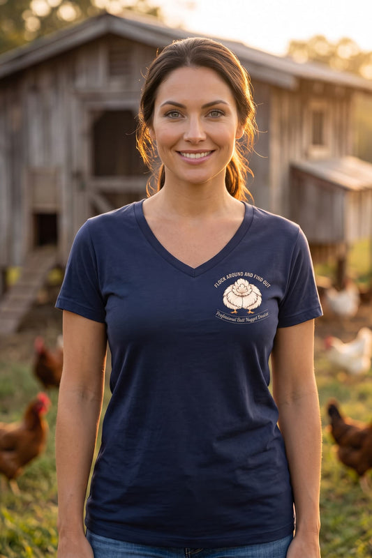 Model wearing navy v-neck tee front view at the farm