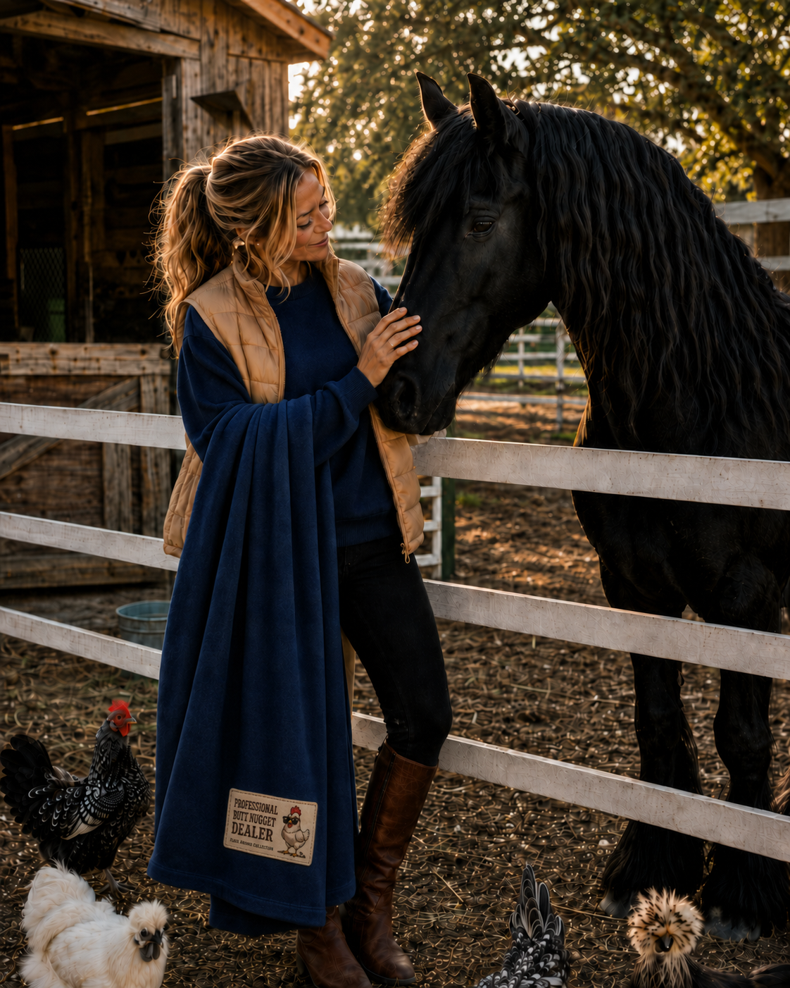 Woman on a farm wrapped in the navy Flock Around fleece stadium blanket