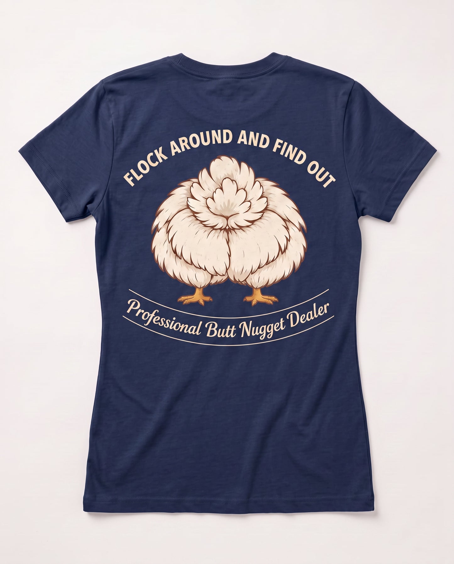 Navy v-neck tee flat lay back with fluffy chicken Professional Butt Nugget Dealer graphic