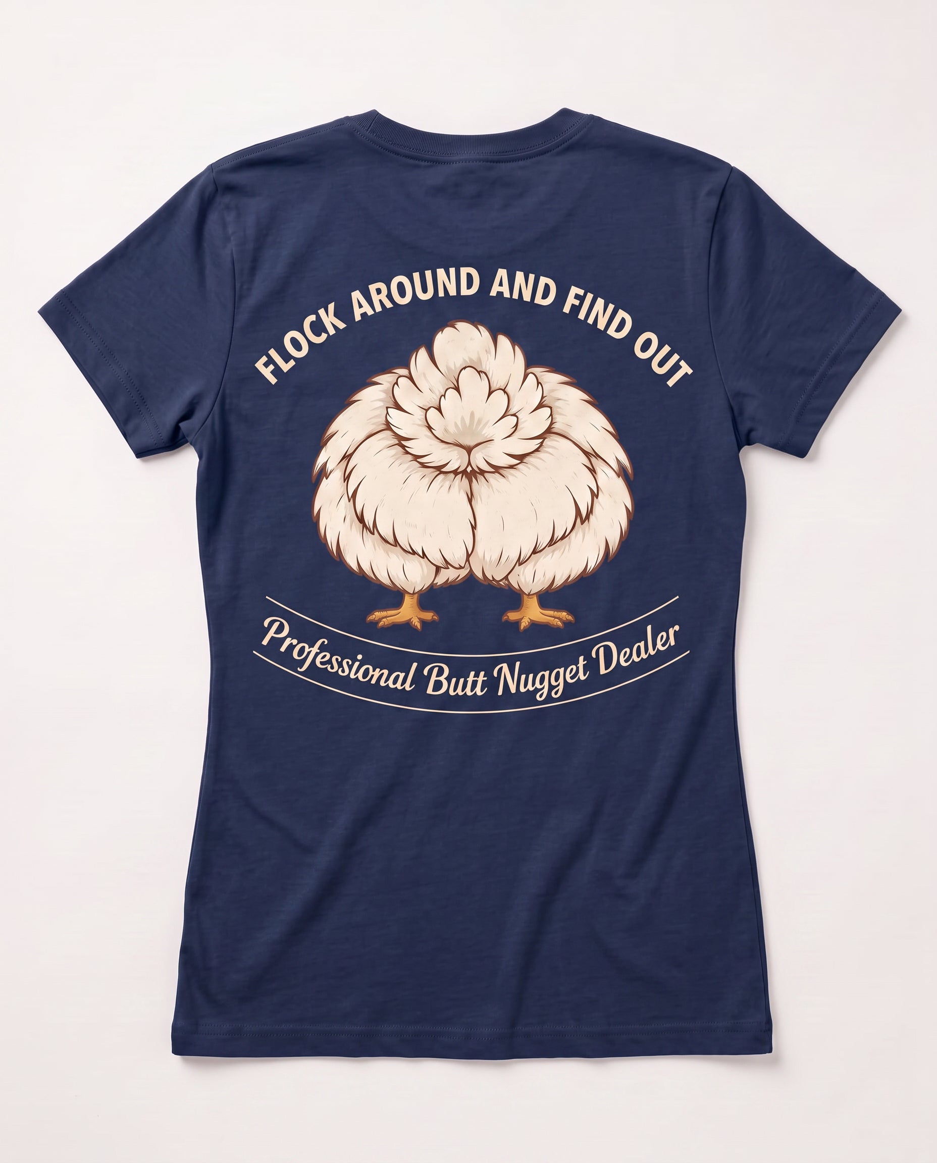 Navy v-neck tee flat lay back with fluffy chicken Professional Butt Nugget Dealer graphic