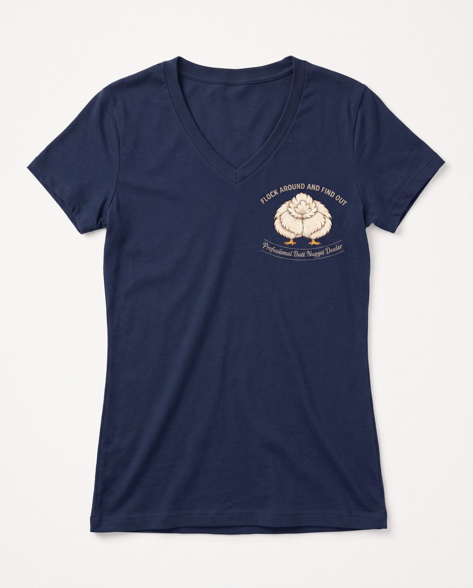 Navy v-neck tee flat lay front with Flock Around and Find Out chest logo