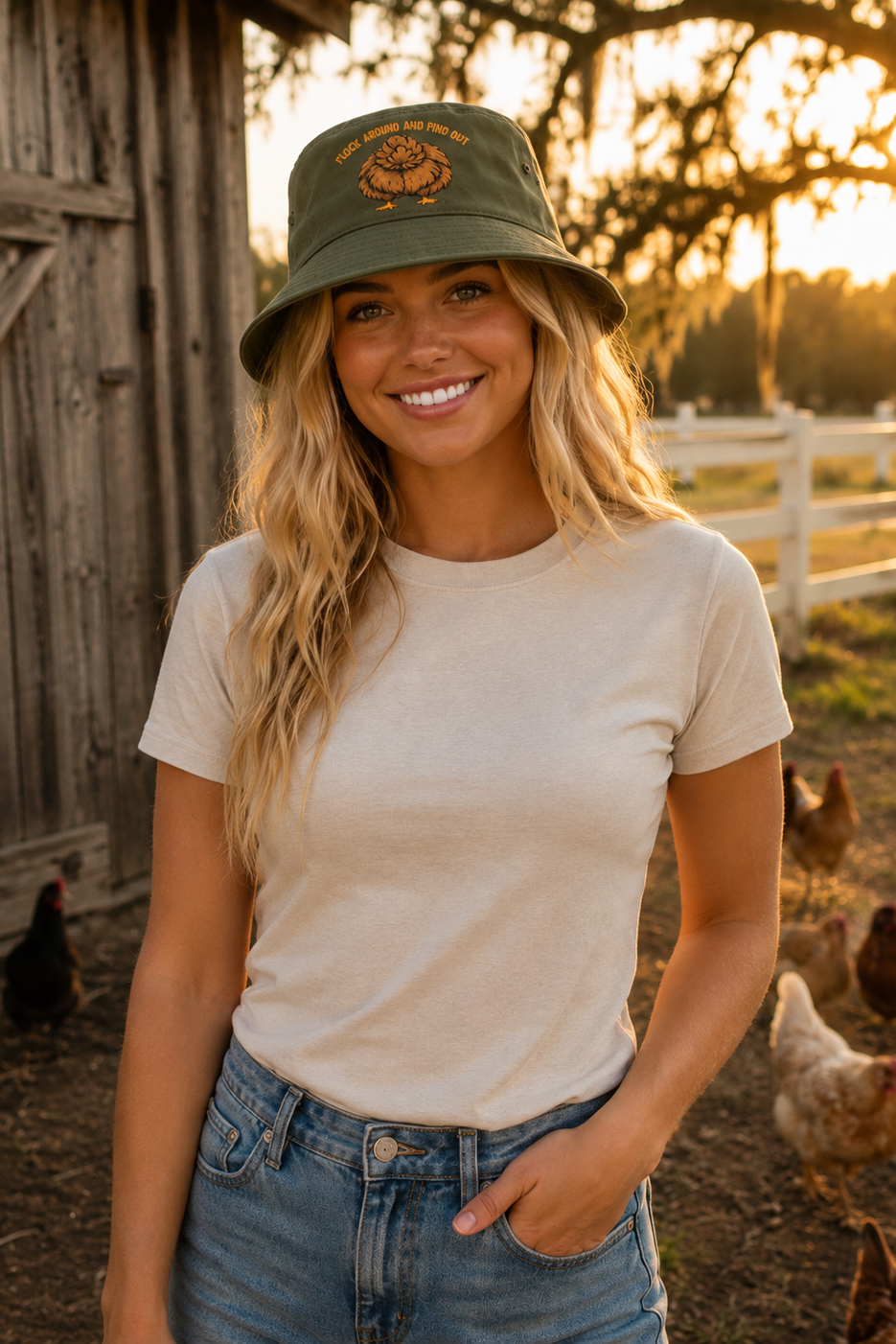 Blonde model wearing the olive Flock Around and Find Out bucket hat on a farm at sunset