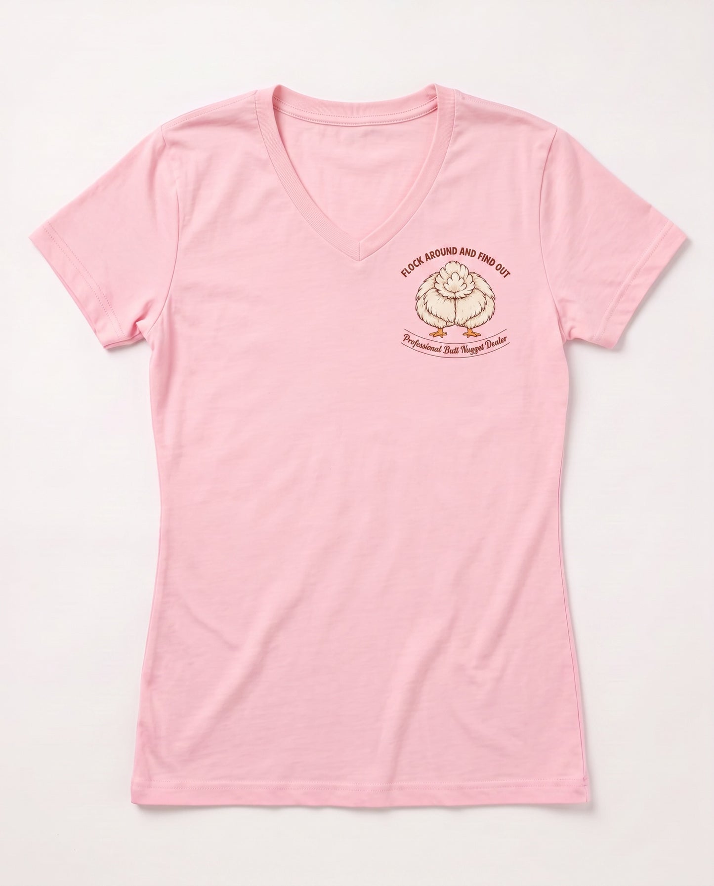 Flock Around and Find Out v-neck tee in light pink, flat front