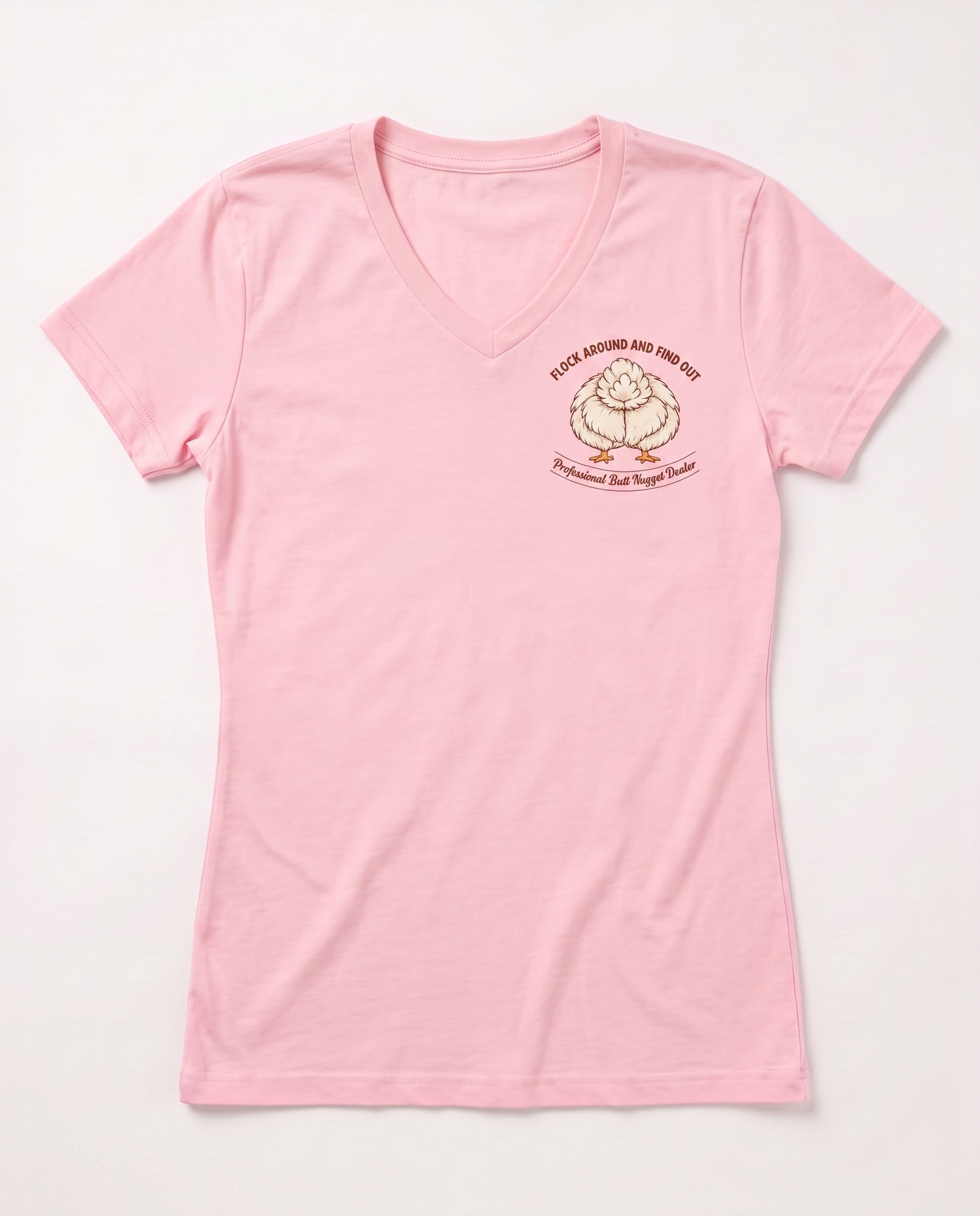 Flock Around and Find Out v-neck tee in light pink, flat front