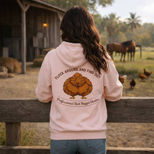 Pink hoodie on model, back