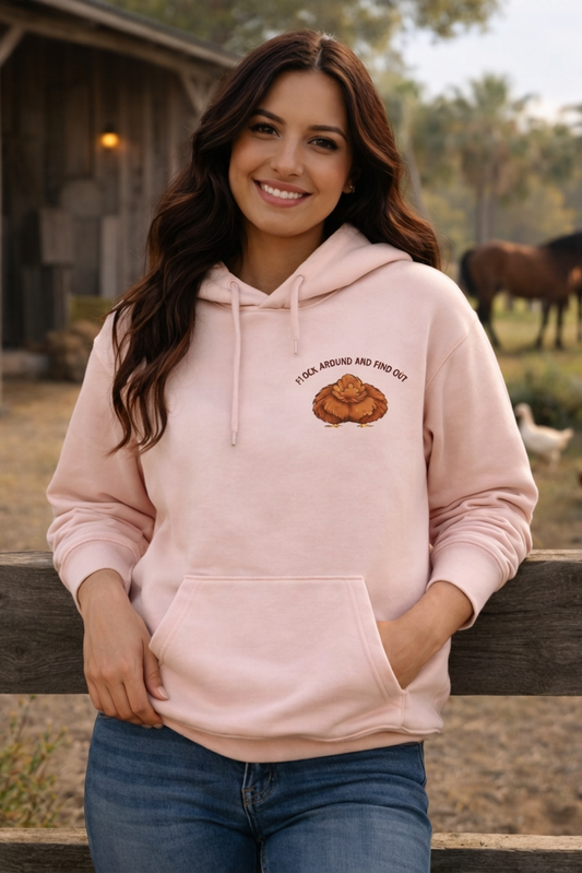 Pink hoodie on model, front