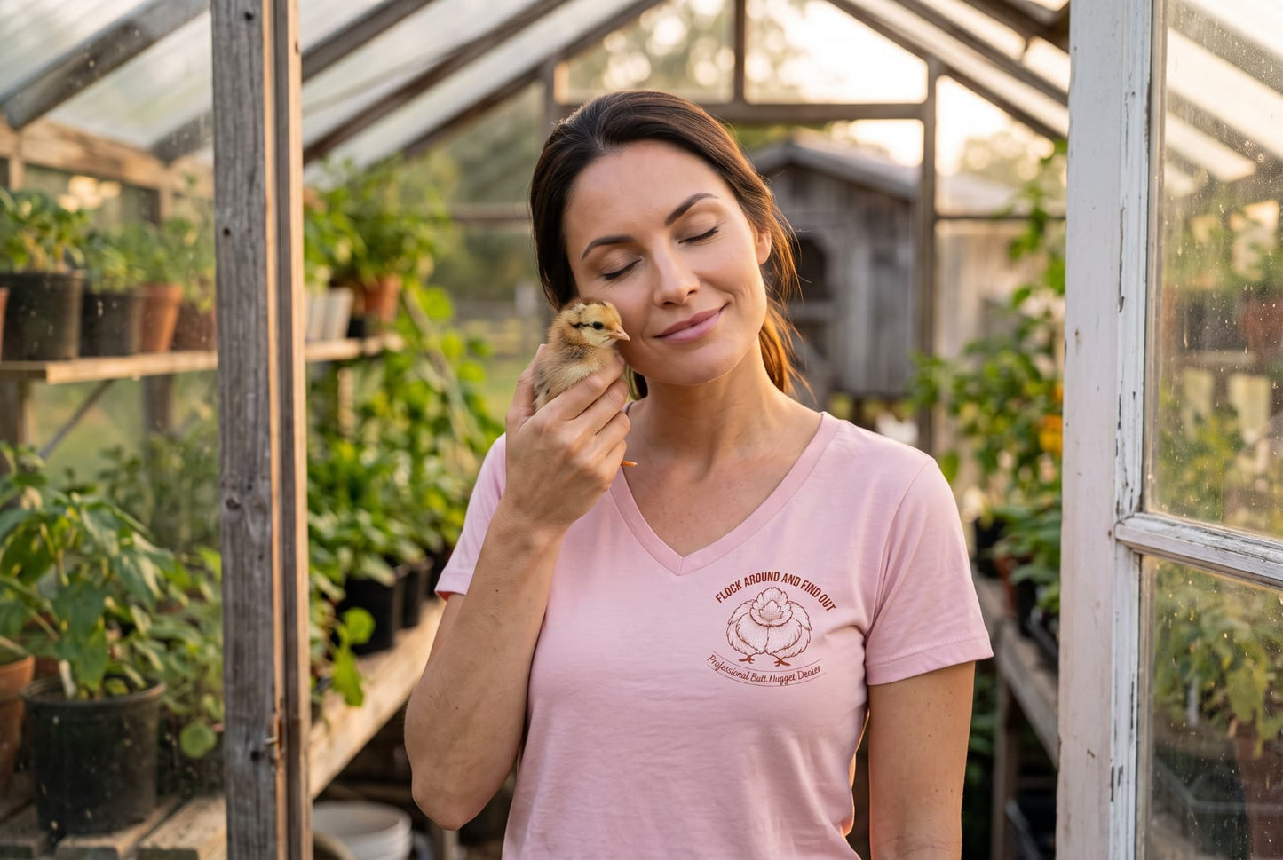 Light pink v-neck tee lifestyle shot on the farm