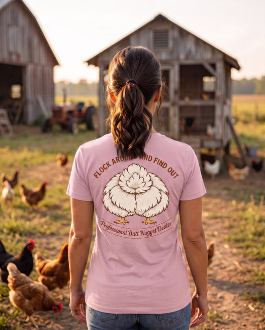 Light pink v-neck tee on model, back