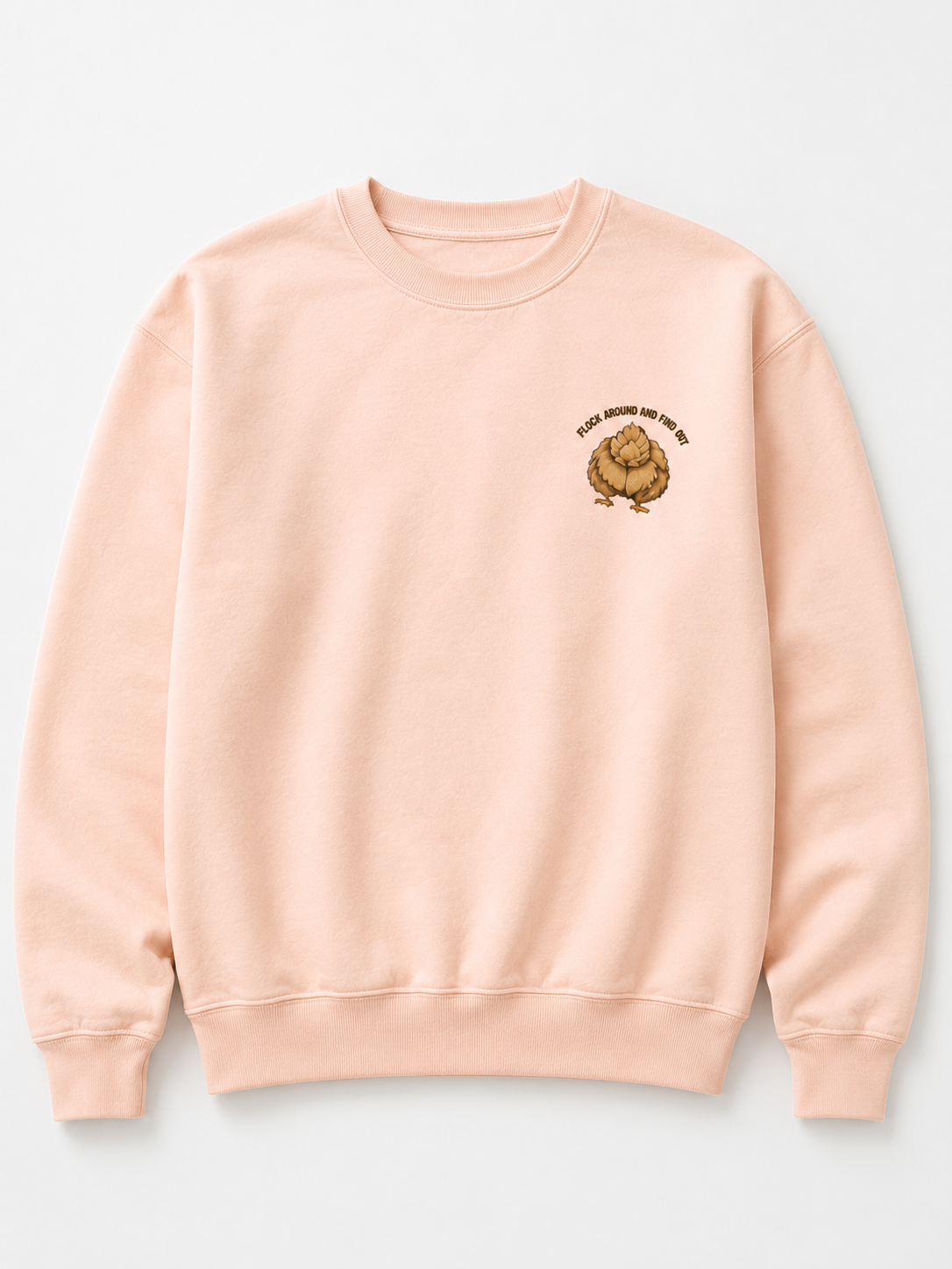 Light pink sweatshirt flat lay front view with left chest emblem