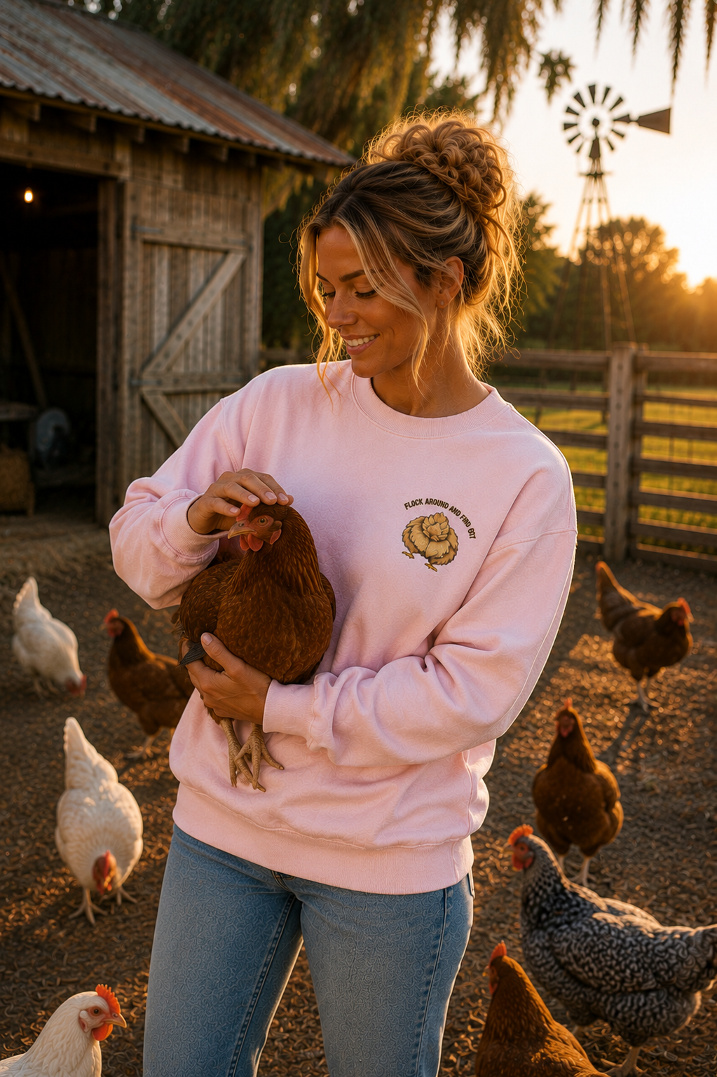 Woman on the farm at sunset wearing the light pink Flock Around and Find Out sweatshirt, holding a hen