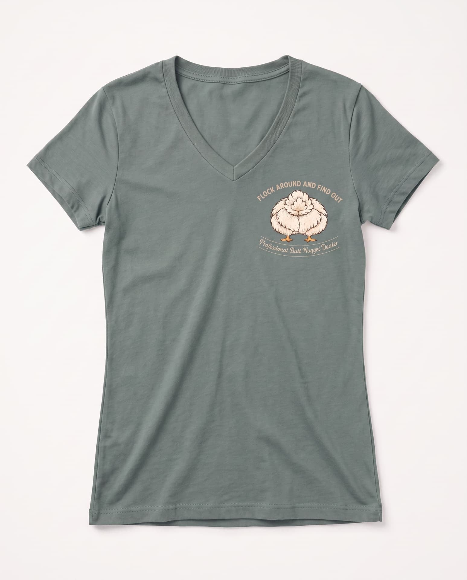Flock Around and Find Out v-neck tee in sage, flat front
