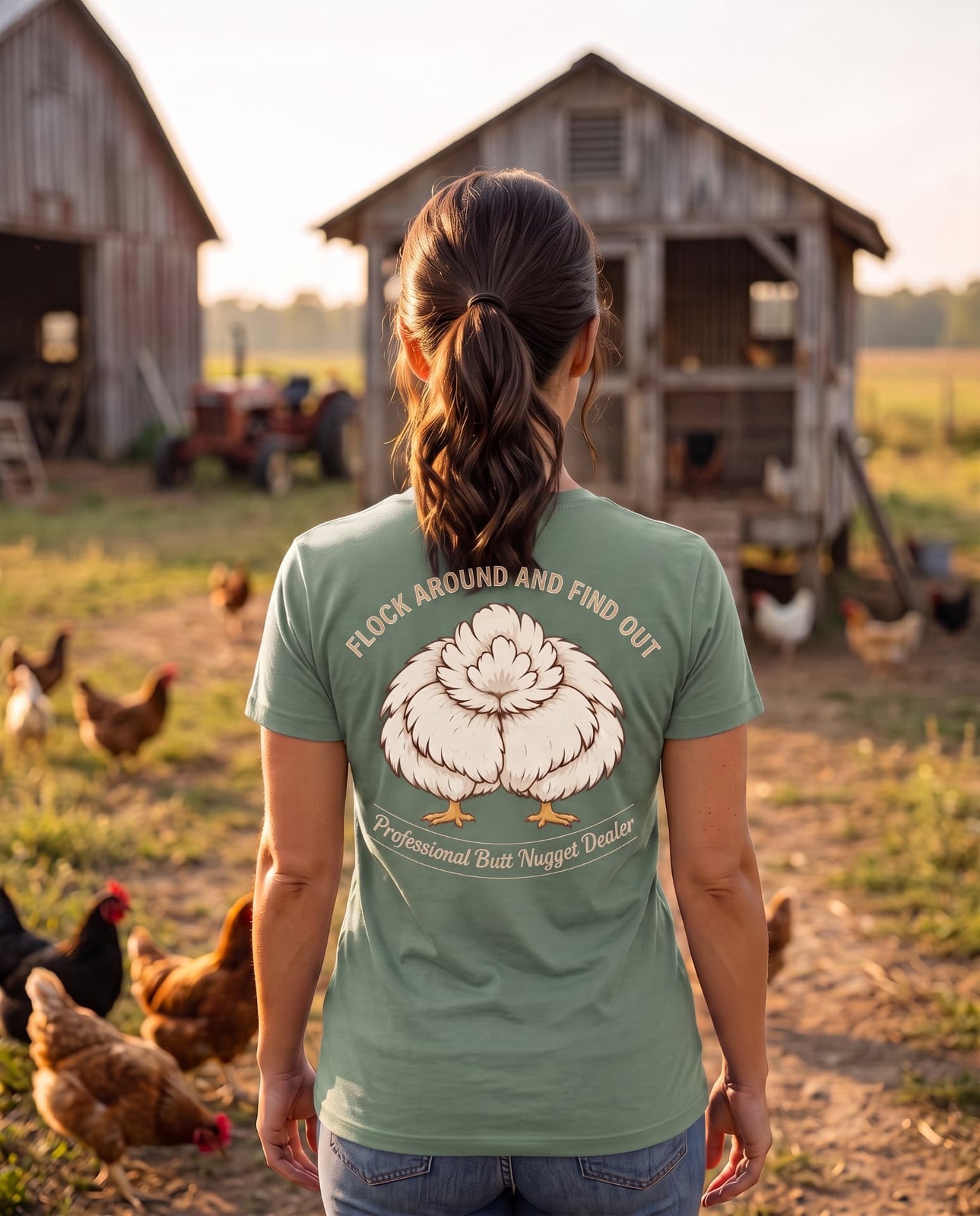 Sage v-neck tee on model, back