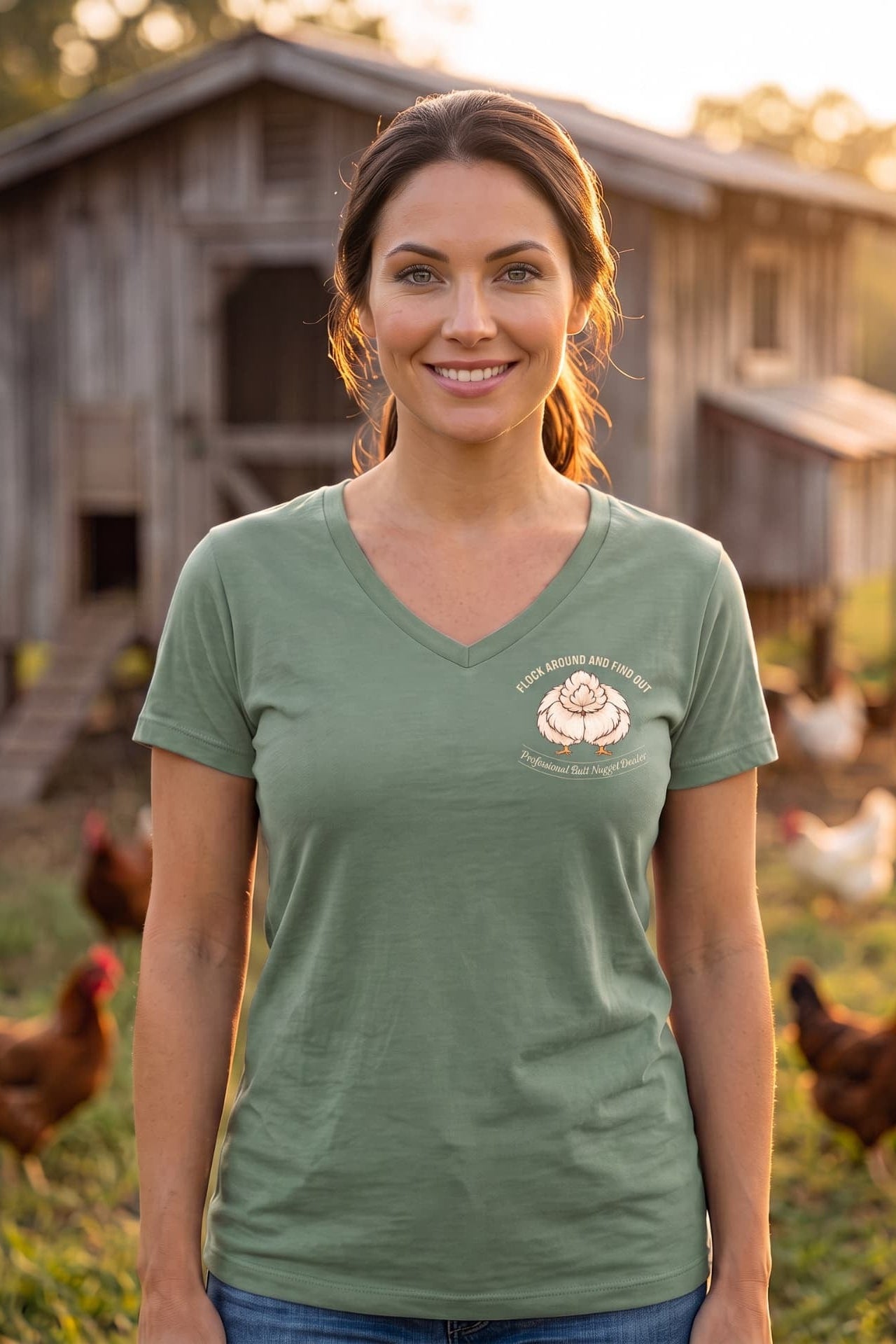 Sage v-neck tee on model, front