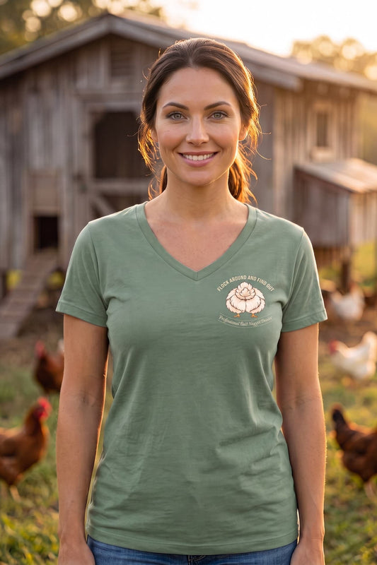 Sage v-neck tee on model, front