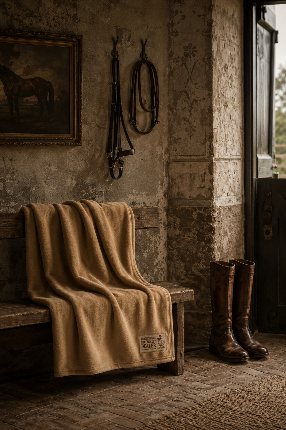 Tan fleece stadium blanket draped over a wooden bench in a stable